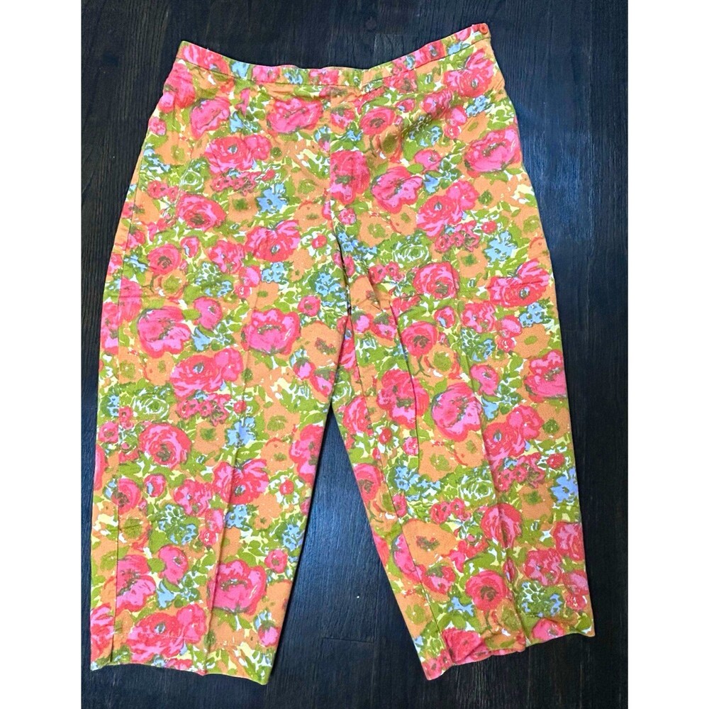 Liz Claiborne Petite 16P Bright Floral Cropped Capri Pants 100% Cotton Twill